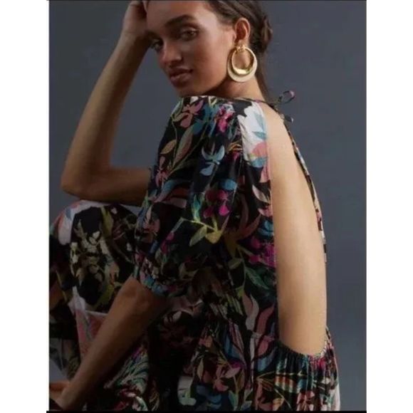 New Anthropologie x Condition Apply Floral Tiered  Maxi Dress Puff Sleeves Sz L - Picture 3 of 8